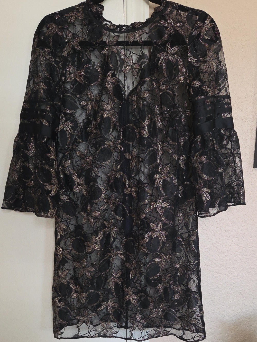 Juicy Couture Black Label Black Sheer Mini Dress with Gold Floral Metallic Lace